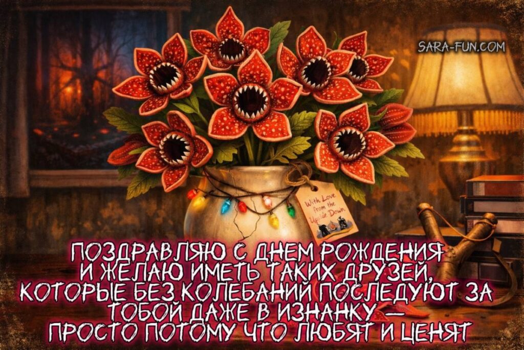 Оригинальное поздравление с Днем рождения и букет демагоргонов